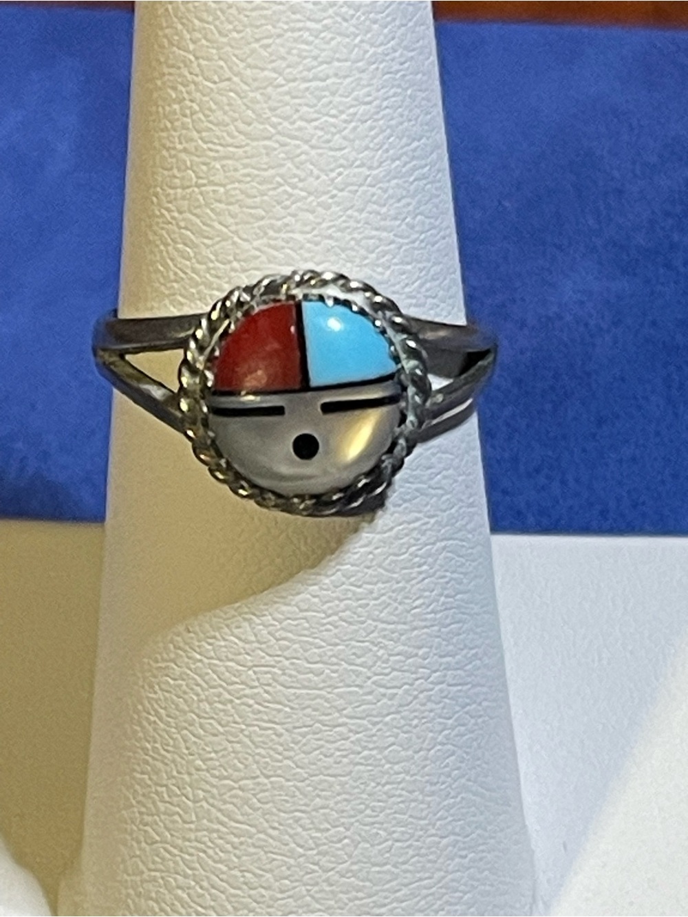 925 Native American Zuni-Style Signed “RB Sterling”Traditional SunFace Inlay Sz7